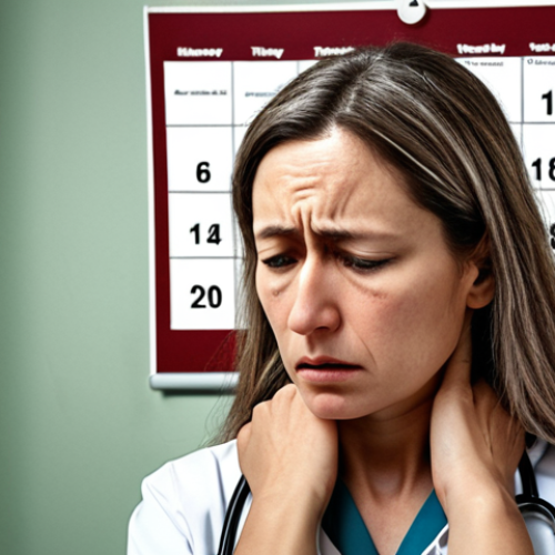Home 19 **A woman looking tired and concerned, holding her neck, with faded coloring to show fatigue. In the background, a calendar is marked with multiple doctor's appointments. Emphasize a sense of persistent weariness and medical uncertainty.**