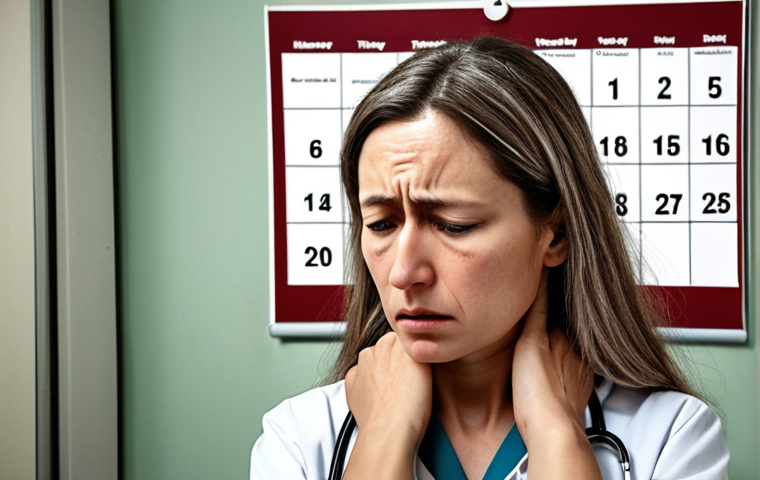 **A woman looking tired and concerned, holding her neck, with faded coloring to show fatigue. In the background, a calendar is marked with multiple doctor's appointments. Emphasize a sense of persistent weariness and medical uncertainty.**