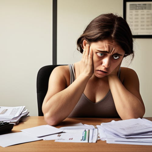 Home 18 **
A stressed woman sitting at a desk, surrounded by paperwork and a computer. She's holding her chest, looking anxious. Subtle visual cues of modern life pressures. Warm, slightly desaturated color palette. Focus on her worried expression and the feeling of being overwhelmed. "Taquicardia" text subtly overlaid.
**