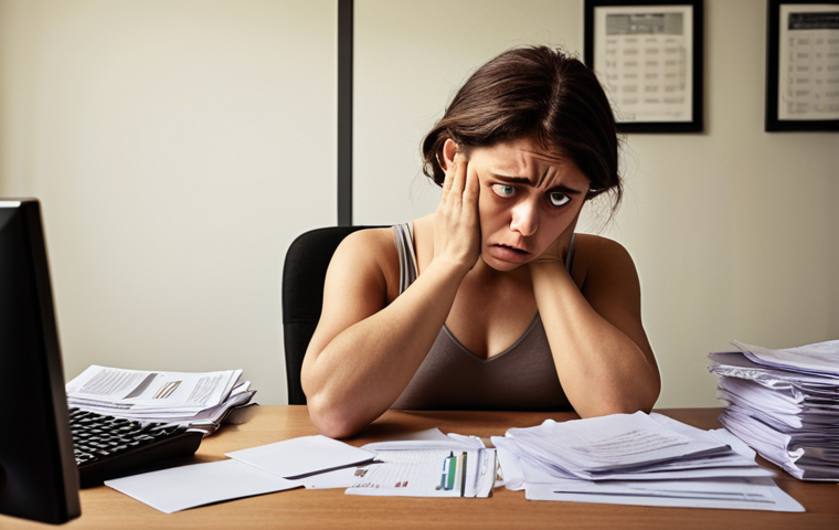 **
A stressed woman sitting at a desk, surrounded by paperwork and a computer. She's holding her chest, looking anxious. Subtle visual cues of modern life pressures. Warm, slightly desaturated color palette. Focus on her worried expression and the feeling of being overwhelmed. "Taquicardia" text subtly overlaid.
**