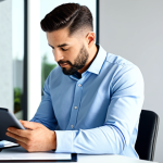 A professional man in a modest business shirt, sitting comfortably at a modern, clean desk, meticulously reviewing digital health reports on a tablet with a thoughtful, calm expression. The background features a blurred, bright medical office setting with subtle, modern decor. The scene is well-lit, emphasizing clarity and organization.
    *   safe for work, appropriate content, fully clothed, professional, perfect anatomy, correct proportions, natural pose, well-formed hands, proper finger count, natural body proportions, high-quality, professional photography.