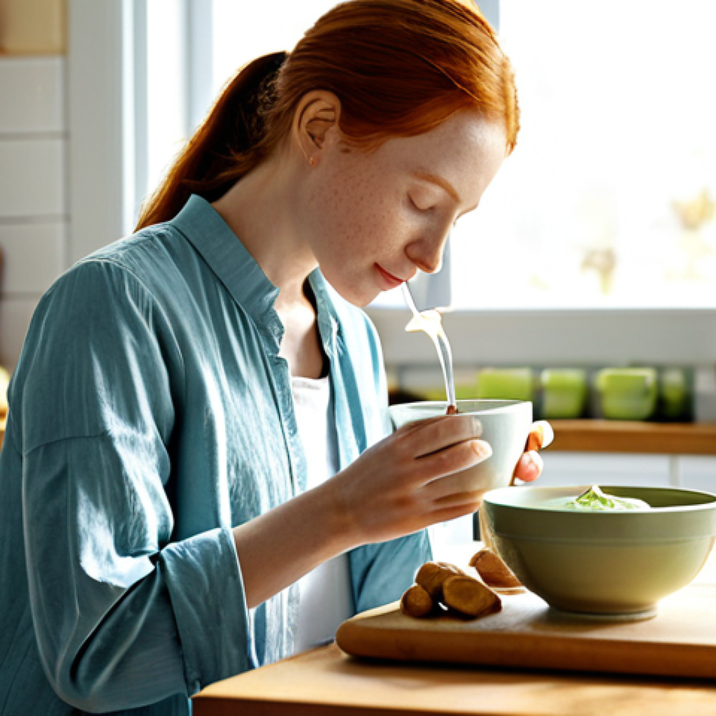 Soothing Natural Remedies**
* A serene image featuring a person peacefully sipping ginger tea in a sunlit kitchen. The scene includes elements like fresh ginger root, aloe vera leaves, and a bowl of natural yogurt. The person is fully clothed in comfortable, modest attire. The overall tone is calm and inviting, emphasizing the natural remedies for heartburn relief. Safe for work, appropriate content, professional, fully clothed, family-friendly, perfect anatomy, natural proportions.
**