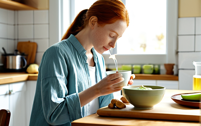 Soothing Natural Remedies**
* A serene image featuring a person peacefully sipping ginger tea in a sunlit kitchen. The scene includes elements like fresh ginger root, aloe vera leaves, and a bowl of natural yogurt. The person is fully clothed in comfortable, modest attire. The overall tone is calm and inviting, emphasizing the natural remedies for heartburn relief. Safe for work, appropriate content, professional, fully clothed, family-friendly, perfect anatomy, natural proportions.
**
