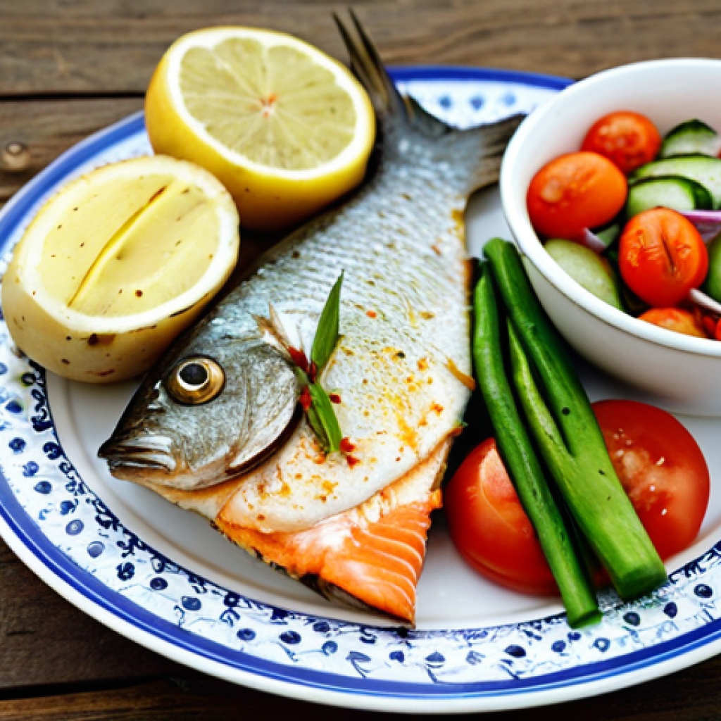 Lifestyle Changes - Balanced Meal**
"A vibrant, colorful plate of healthy Portuguese food. Grilled fish (e.g., *dourada* or *salmão*), alongside a generous serving of mixed salad with fresh vegetables (tomatoes, lettuce, cucumber), and a small portion of boiled potatoes. The meal is presented on a rustic wooden table with a glass of water. Focus on natural lighting and fresh ingredients. *Safe for work*. *Appropriate content*. *Fully clothed* (implying healthy lifestyle). Professional, family-friendly, perfect anatomy, correct proportions."
**