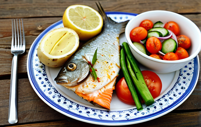 Lifestyle Changes - Balanced Meal**
"A vibrant, colorful plate of healthy Portuguese food. Grilled fish (e.g., *dourada* or *salmão*), alongside a generous serving of mixed salad with fresh vegetables (tomatoes, lettuce, cucumber), and a small portion of boiled potatoes. The meal is presented on a rustic wooden table with a glass of water. Focus on natural lighting and fresh ingredients. *Safe for work*. *Appropriate content*. *Fully clothed* (implying healthy lifestyle). Professional, family-friendly, perfect anatomy, correct proportions."
**