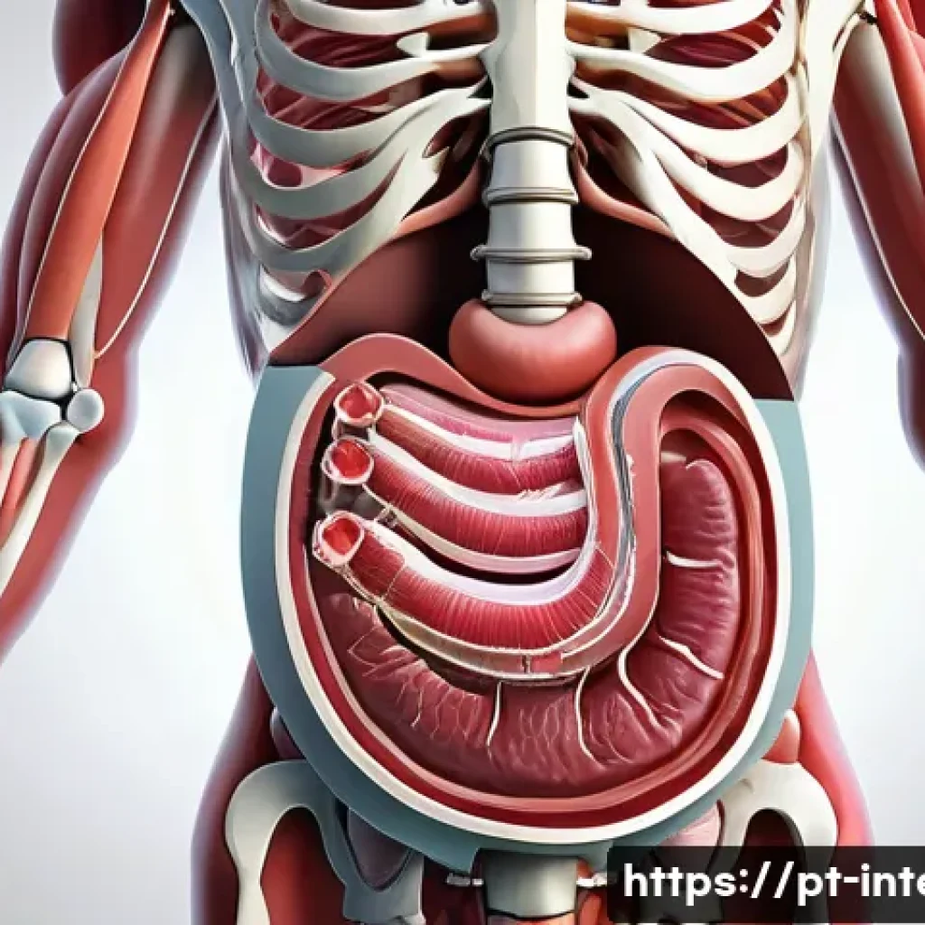 소화불량으로 인한 체중 감소 - A detailed medical illustration of the human digestive system highlighting the stomach and intestine...