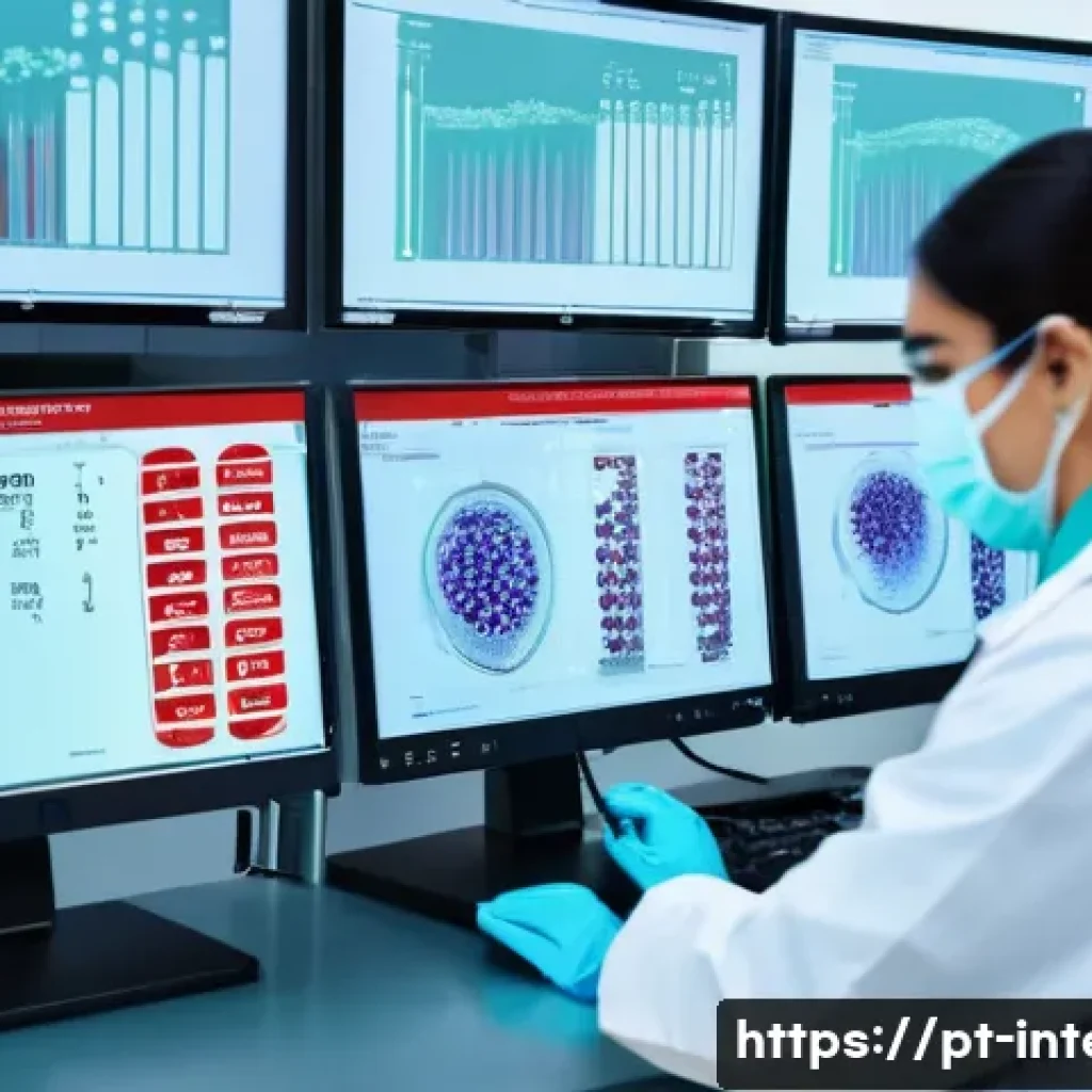 내과 검사 항목 해석법 - A detailed medical laboratory scene focused on a complete blood count test setup: a clean, modern la...