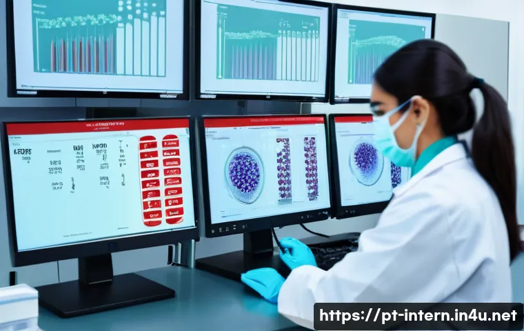 내과 검사 항목 해석법 - A detailed medical laboratory scene focused on a complete blood count test setup: a clean, modern la...