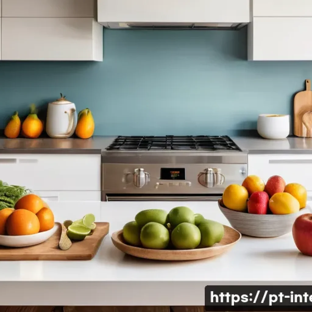 위염 예방 습관 - A vibrant, cozy kitchen scene in a modern Brazilian home, featuring a neatly arranged breakfast tabl...