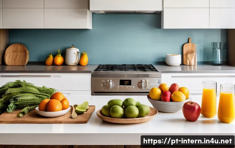 위염 예방 습관 - A vibrant, cozy kitchen scene in a modern Brazilian home, featuring a neatly arranged breakfast tabl...