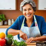 Home 22 콜레스테롤 낮추는 방법 - A vibrant, healthy kitchen scene featuring a middle-aged Brazilian woman preparing a heart-healthy m...