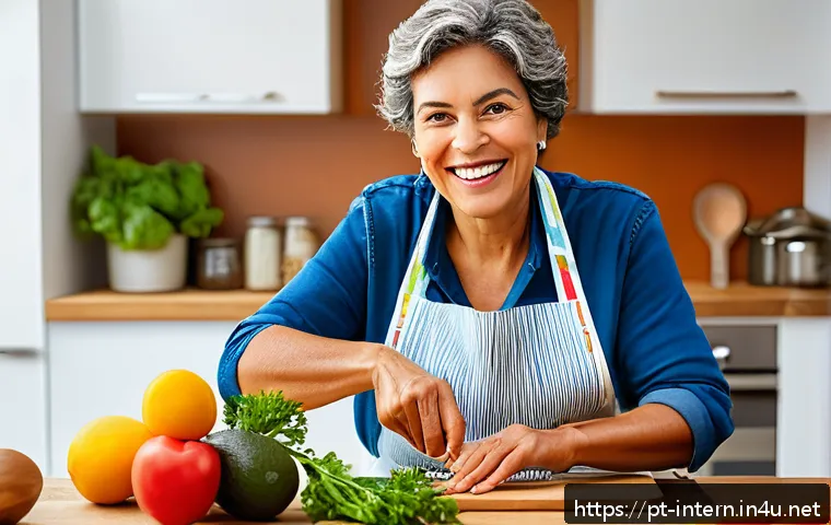콜레스테롤 낮추는 방법 - A vibrant, healthy kitchen scene featuring a middle-aged Brazilian woman preparing a heart-healthy m...