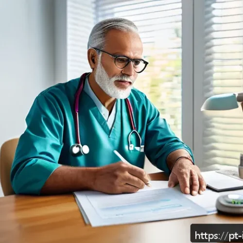 Home 33 내과 방문 전 준비 - A detailed and realistic illustration of a Portuguese-speaking adult patient sitting at a neat desk,...
