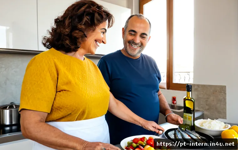 고지혈증 관리 성공 사례 - Photorealistic success story of cholesterol management, a smiling middle-aged Portuguese couple in a...