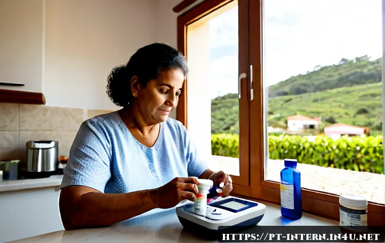 고혈압 약물 치료 주의사항 - Photorealistic morning scene in a bright Portuguese-speaking household kitchen, a middle-aged Brazil...